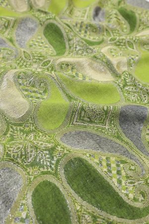 fabric detail of olive green metallic pashmina shawl