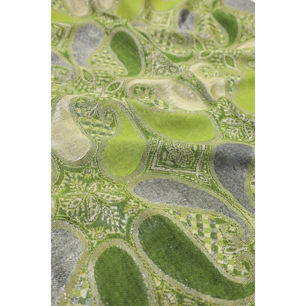 fabric detail of olive green metallic pashmina shawl