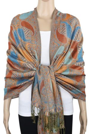 Orange teal multi color pashmina shawl on mannequin