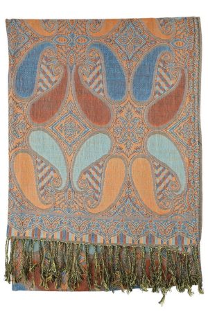 Orange teal multi color paisley pashmina with fringes