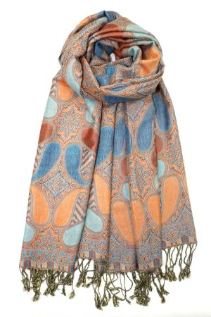 Orange teal multi color paisley pashmina with fringes