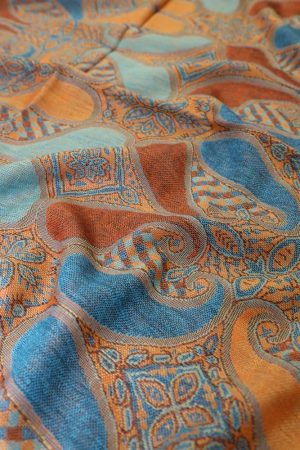 fabric detail of orange teal multi color paisley pashmina