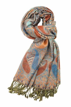 Orange teal multi color paisley pashmina with fringes