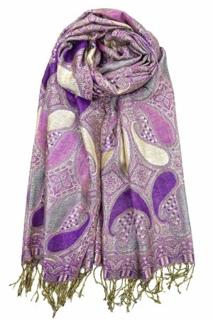 purple metallic pashmina shawl wrap scarf with fringes