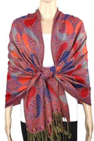 Red blue multi color pashmina scarf on mannequin