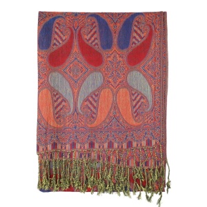 Red blue multi color paisley pashmina with fringes