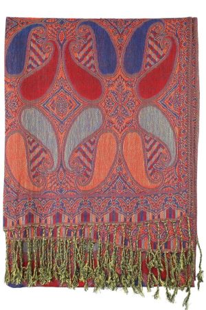 Red blue multi color paisley pashmina with fringes
