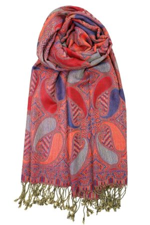 Red blue multi color paisley pashmina with fringes