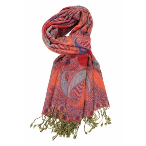Red blue multi color paisley pashmina with fringes