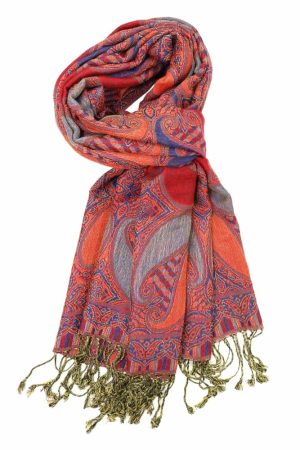 Red blue multi color paisley pashmina with fringes