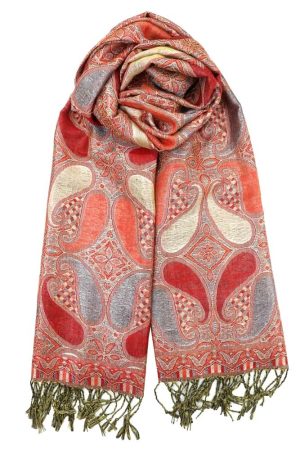 Red metallic pashmina shawl wrap scarf with fringes
