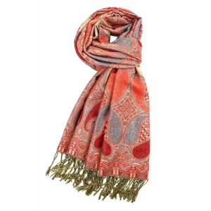 Red metallic pashmina shawl wrap scarf with fringes
