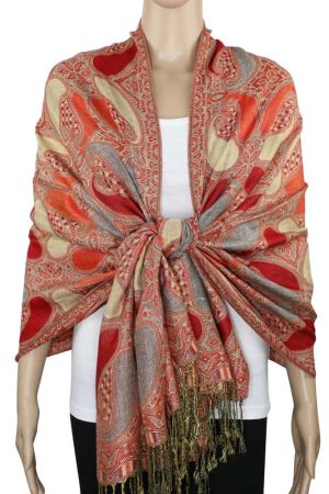 Red multi color pashmina shawl on mannequin