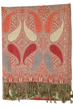 Red multi color paisley pashmina with fringes