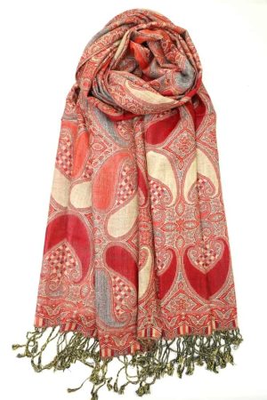Red multi color paisley pashmina with fringes