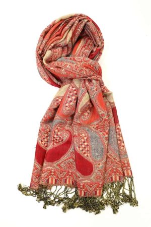 Red multi color paisley pashmina with fringes