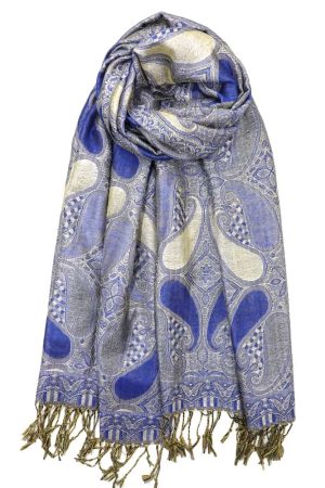 royal blue metallic pashmina shawl wrap scarf with fringes