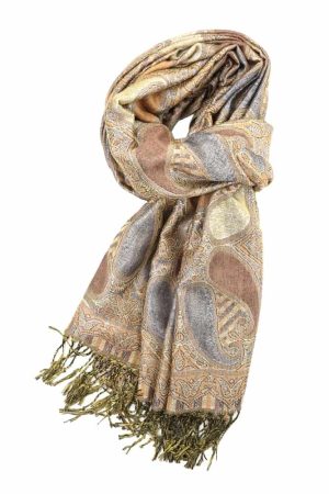 Tan metallic pashmina shawl wrap scarf with fringes