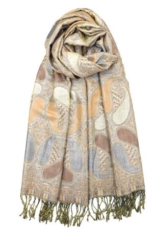 Tan metallic pashmina shawl wrap scarf with fringes