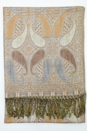 Tan metallic pashmina shawl wrap scarf with fringes