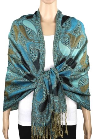 teal black multi color pashmina shawl on mannequin