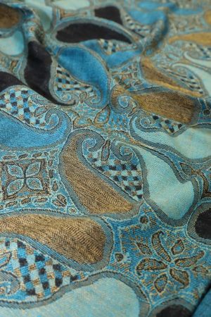 fabric detail of teal black multi color paisley pashmina