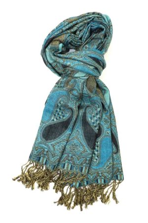 teal black multi color paisley pashmina with fringes