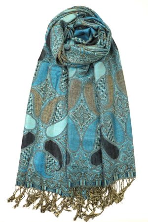 teal black multi color paisley pashmina with fringes