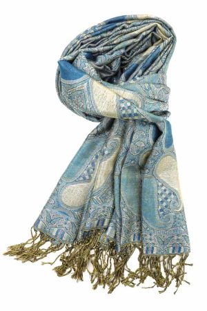 turquoise metallic pashmina shawl wrap scarf with fringes
