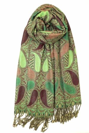 wine green multi color paisley pashmina with fringes
