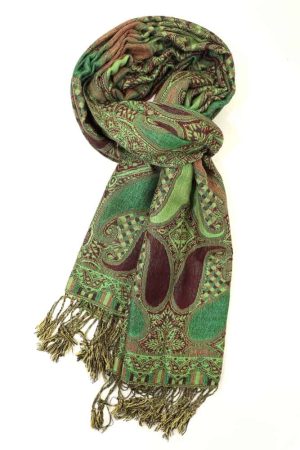 wine green multi color paisley pashmina with fringes