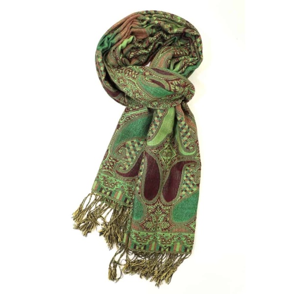 wine green multi color paisley pashmina with fringes