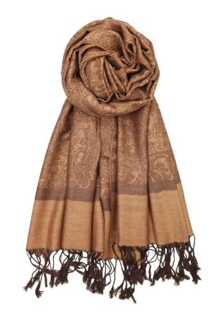 brown jacquard paisley pashmina shawl with fringes
