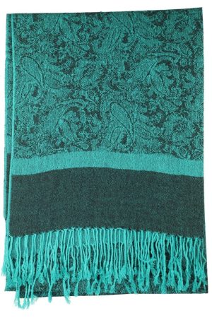 frontside of dark sea green jacquard paisley pashmina