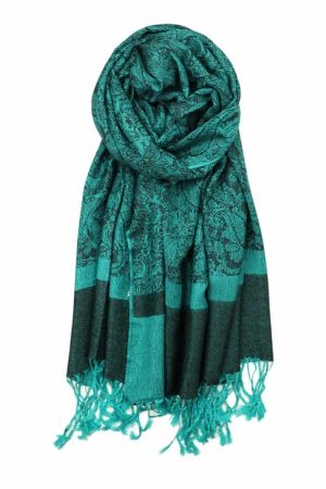 dark sea green jacquard paisley pashmina shawl with fringes