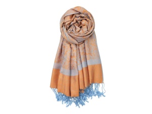 orange light blue jacquard paisley pashmina shawl with fringes