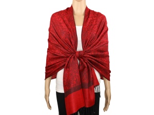 red black jacquard paisley pashmina shawl with fringes