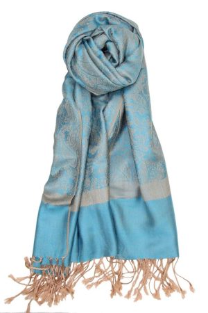 turquoise beige jacquard paisley pashmina shawl with fringes