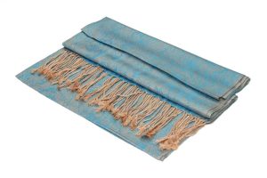 turquoise beige jacquard paisley pashmina shawl with fringes