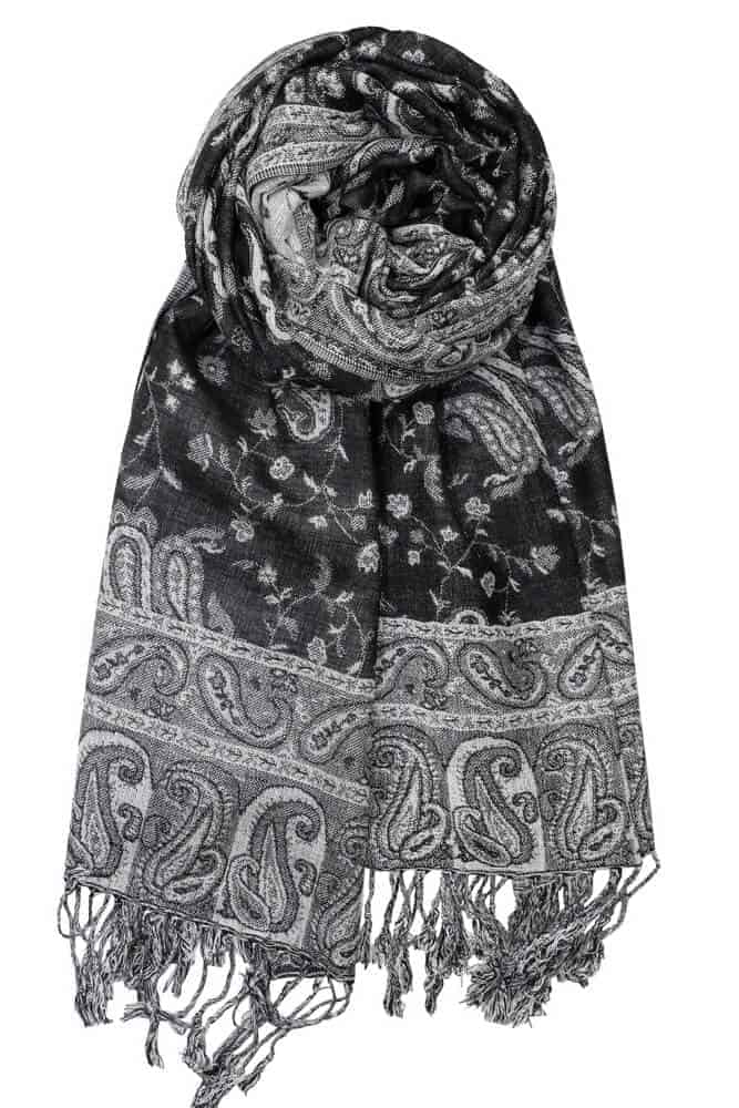thumbnail interactive-video image 1 of Pashmina Scarf Shawl Wrap – Paisley Black & White, Silk Cashmere Blend, Soft, 78x27 Inches, Women's 1 of 5