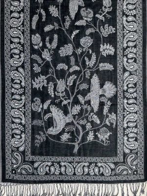 black white Persian botanical pashmina shawl